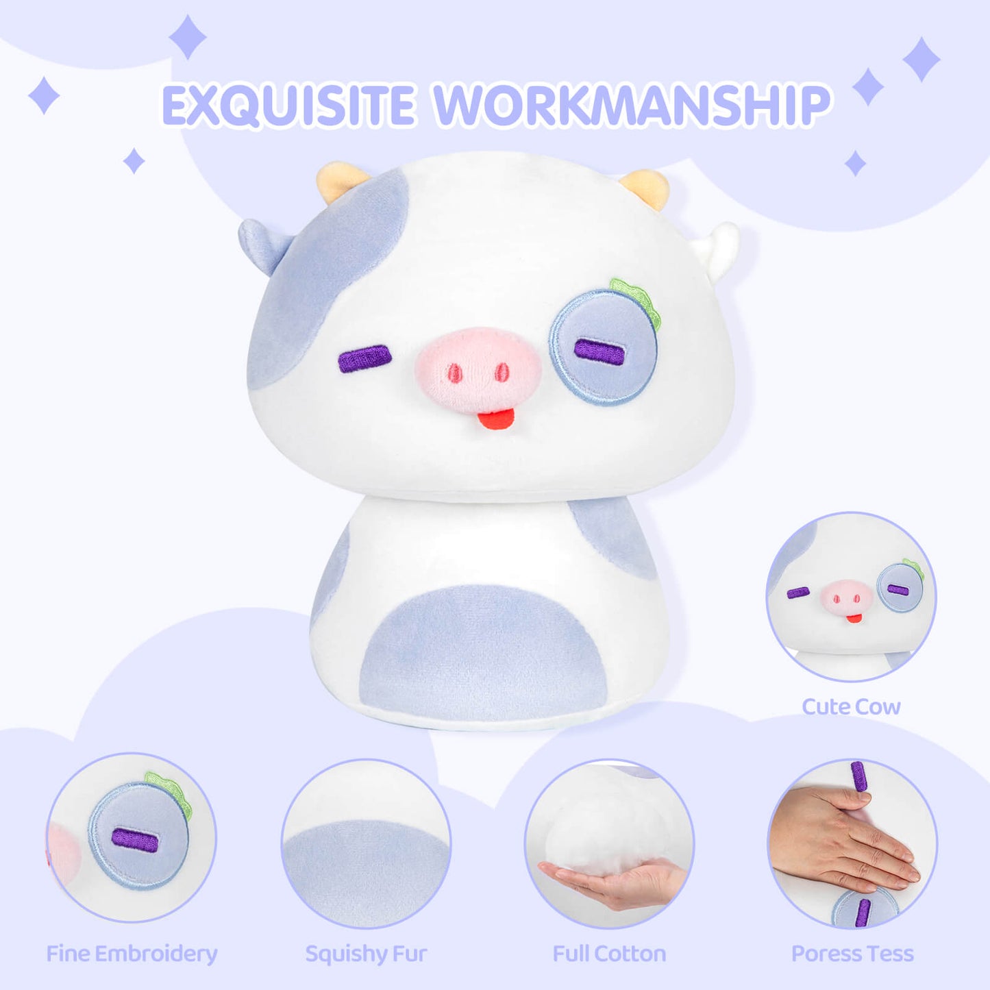 Mewaii® Mushroom Family Blueberry Cow Kawaii Plush Pillow Squish Toy
